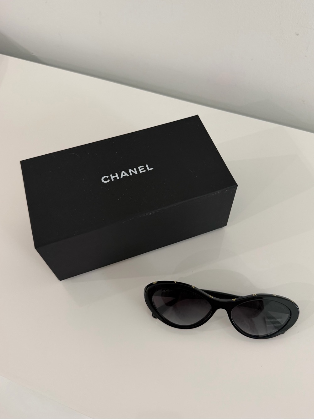 Chanel Black Slim Cat-Eye Sunglasses with Dark Lenses